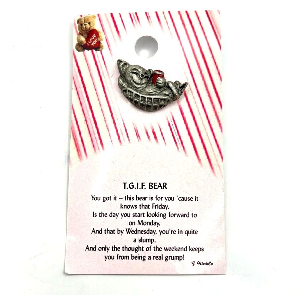 Silver TGIF Bear Pin Brooch